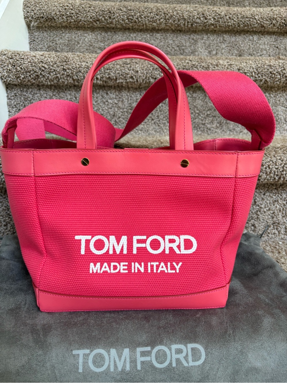Tom Ford Hot Coral Canvas Tote with Leather Trim and White Logo